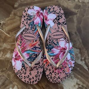 Havaianas Pink Floral Leopard Flip Flops with Gold Straps